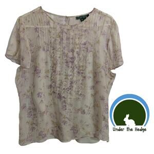 Y2K Lauren Ralph Lauren Ivory Floral Silk Flutter Sleeve Top Large F1 Fairy